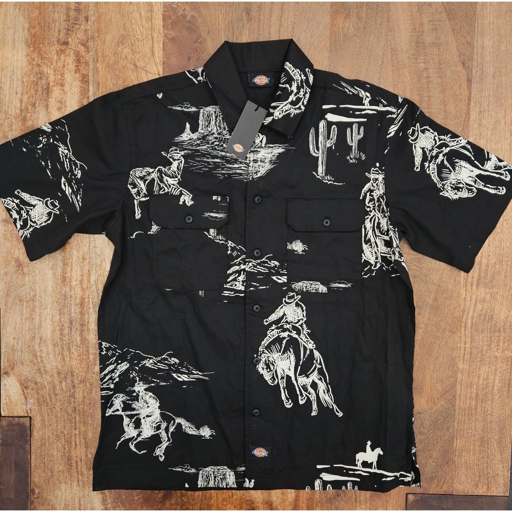 Dickies Savage Work Shirt Mens S Black Woven Twill Cowboy Cactus Rodeo Western